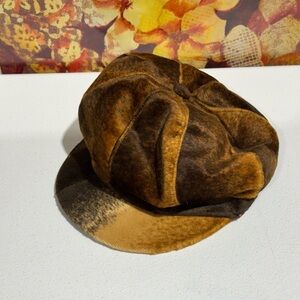 Vintage Style Faux Fur Newsboy Cap - Patchwork Brown Cow Print 100% Polyester